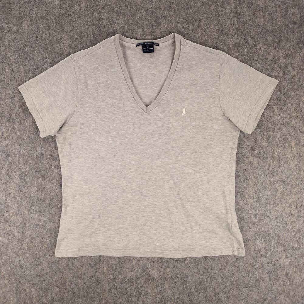 Ralph Lauren Sport Shirt Womens Large Gray V-Neck Pony Logo Tee Cotton Top